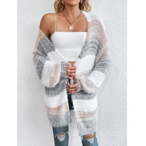 Fuzzy Open Cardigan Colorblock Stripes Grey White Tan Long Sleeve w/ Pockets - Picture 2 of 7